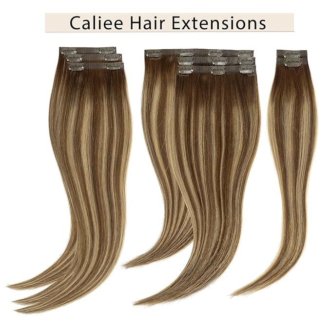 Caliee Balayage Clip in Hair Extensions Real Human Hair Fluffy Not Tangled Seamless Hair Extensions Clip in Human Hair 20 Inch 115G 8 Pcs R4-4/27 Chocolate Brown to Caramel Blonde Hair