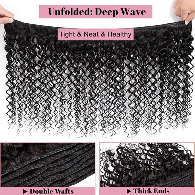 Human Hair Bundles with Closure (18 20 22+16 Closure) Deep Wave Bundles with Closure 100% Unprocessed Brazilian Virgin Curly Closure with Bundles Human Hair Weave with 4x4 Lace Closure Natural Color