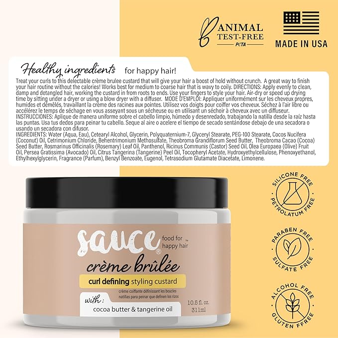 SAUCE BEAUTY Crème Brulee Curl Custard (10.5 Fl Oz) Frizz Control, Detangler & Curl Defining Cream with Cocoa Butter, Coconut Oil & Tangerine Oil, Hair Styling Cream for Wavy & Coily Hair