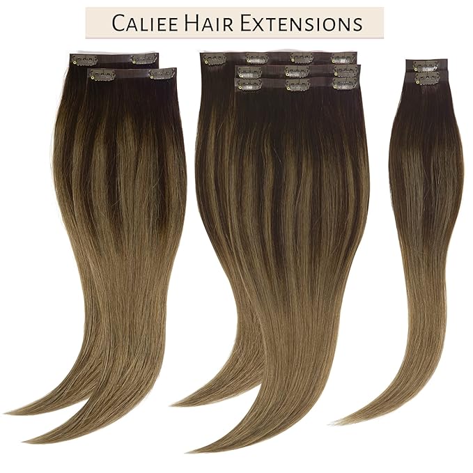 Caliee 22 Inch Seamless Hair Extensions Human Hair B2/6 Dark Brown Fading to Chestnut Brown Ombre Clip in Hair Extensions Real Hair 110G Invisible Weft Straight 7Pcs