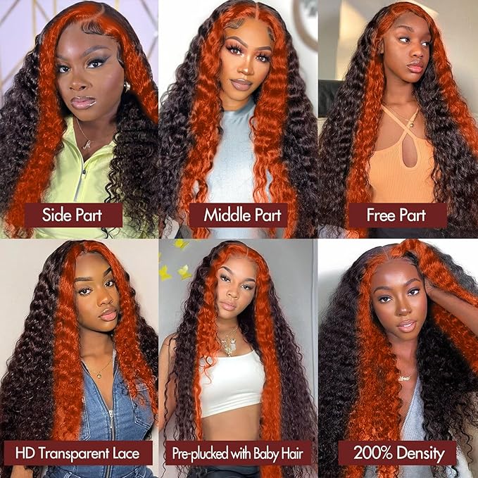 250% Density 36 Inch Deep Wave Lace Front Wigs Human Hair Pre Plucked 13x6 HD Transparent Lace Frontal Wigs Ginger Orange Colored Human Hair Deep Curly Glueless Wigs Human Hair for Women