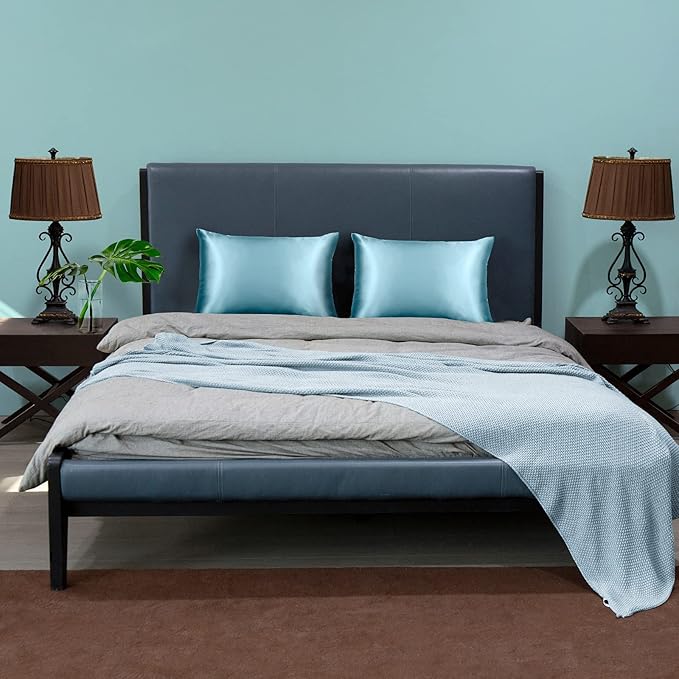 100% Mulberry Silk Pillowcase for Hair and Skin, 22 Momme Pure Natural Silk Pillow Case Both Sided with Zipper, Pillow Cover for Women Mom Men (Airy Blue, King 20''×40'', 1 Pack)