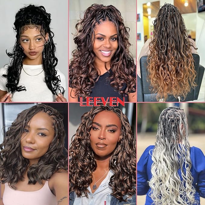 Leeven Boho French Curl Crochet Braids 14 Inch 8 Packs Ombre Brown Pre Looped Curly Crochet Hair Goddess Box Braids Loose Wave Synthetic Hair Extensions for Women Girl