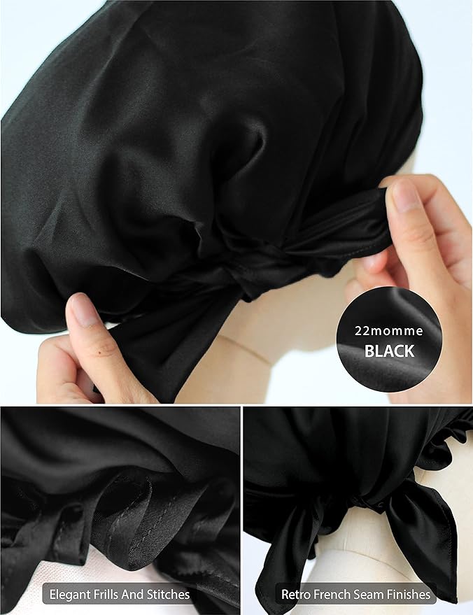 SissiLita 100% Silk Bonnet for Sleeping With Tie Band, Large Sleep Cap for Curly Hair, Wrap for Hair Care - Rich Black