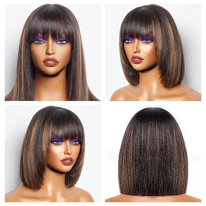 UMEGOOD Bob Wig Human Hair with Bangs Glueless 2.5x1 HD Lace Colsure Wigs Human,Yaki Bob Wig with Brown Highlights, Ready to Go Short Wigs For Women Beginner Friendly 16 Inch