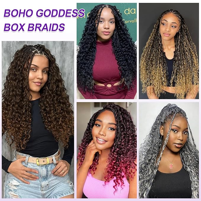 Eacia Goddess Box Braids Crochet Hair 18 Inch 7 Packs Pre Looped Boho Box Braids With Curly Ends Bohomian Curly Crochet Hair Extensions for Women(18 Inch, 30#)