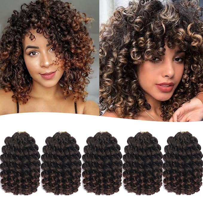 100 Strands Short Jamaican Bounce Crochet Hair 5 Packs Ringlet Wand Curl Crochet Hair 8 Inch Brown Ombre Bouncy Curly Crochet Brands Hair Extensions Crochet Braiding Hair