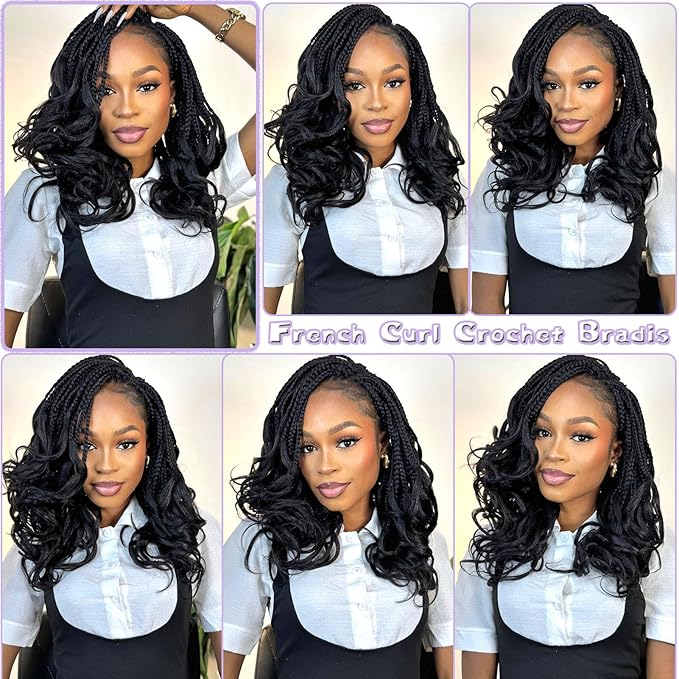 French Curl Crochet Braids 12 Inch Goddess Box Braids Crochet Hair 8 Packs Pre Looped Crochet Box Braid with Curly Ends Synthetic French Curly Braiding Hair Extensions 1B#