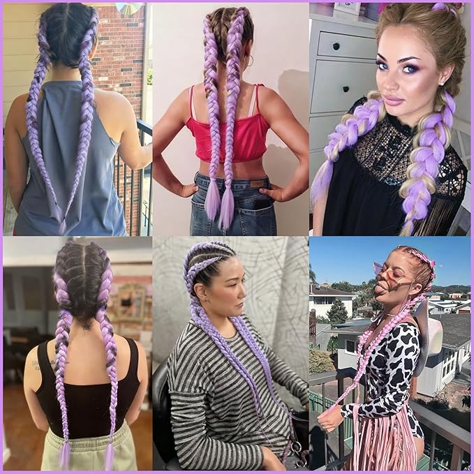 L. Purple Braiding Hair Pre Stretched 2 Packs Box Braids Hair Extensions 26 Inches Synthetic Pre Stretched Braiding Hair…