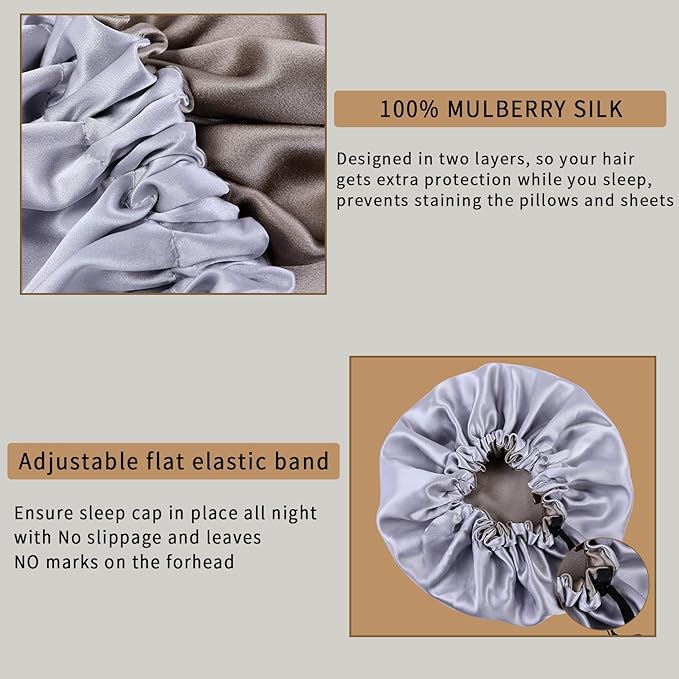 RedJoe 22 Momme 100% Mulberry Silk Bonnet Hair Wrap for Sleeping, Adjustable Silk Scrunchies Sleep Cap for Women Men Hair Care, Head Scarf Night Caps with Elastic Stay On Head, 1Pc(Gray,Bronze)
