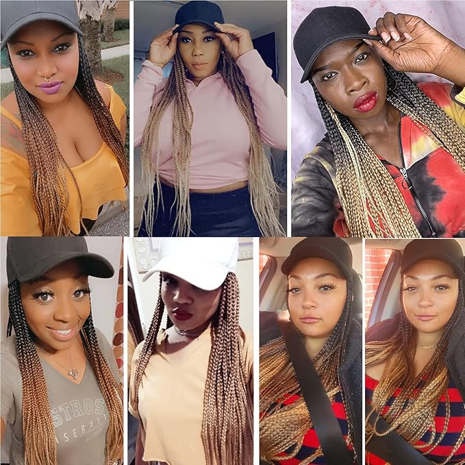 Hat Wig for Women Baseball Cap with Blonde Braided Hair Attached 24inch long Synthetic Box Braid Wig Adjustable Beige Cap with ombre brown blonde light blonde Braids for Daily Outdoor Halloween Use