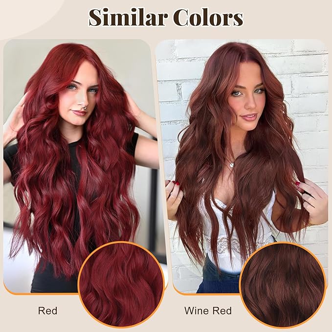 ALXNAN Clip in Long Wavy Synthetic Hair Extension 24 Inch Red 4PCS Thick Hairpieces Fiber Double Weft Hair for Women