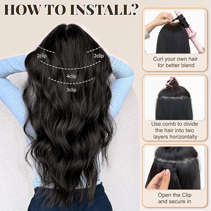 ALXNAN Clip in Long Wavy Synthetic Hair Extension 20 Inch Black Brown 4PCS Thick Hairpieces Fiber Double Weft Hair for Women