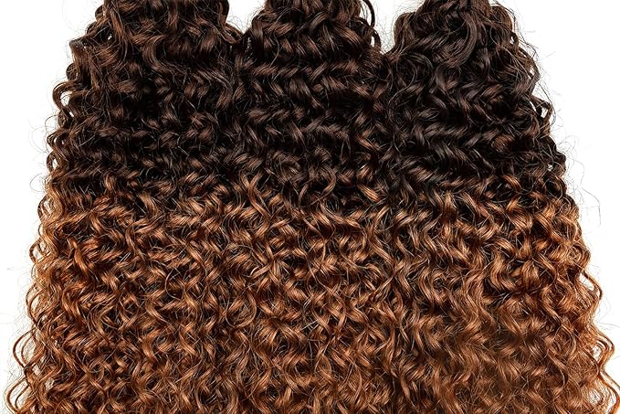 Brazilian Human Hair Bundles Ombre Curly Hair 3 Bundles Brazilian Remy Virgin Human Hair Weave Bundles 100% Unprocessed Kinky Curly Human Hair Extensions T4/30 Medium Brown Hair Bundles(20 22 24)