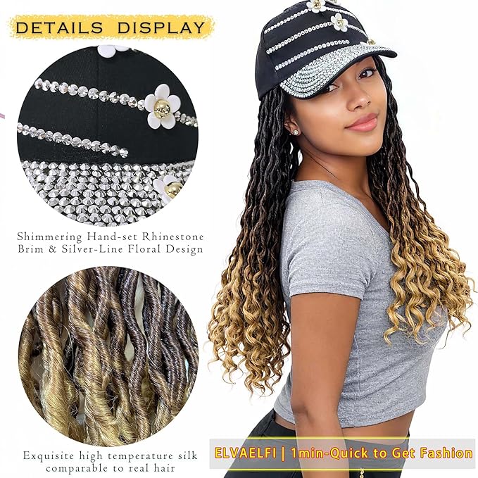 Hat Wig 20-Inch Goddess Locs Crochet Hair Curly Ends, Ombre Brown Synthetic Soft Faux Locs Wigs for Women