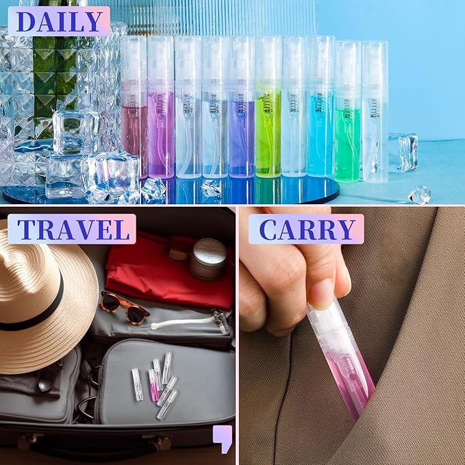 Fandamei 3ml Mini Spray Bottle, 10 Pack 3ml Mini Clear Plastic Spray Bottle Empty, Fine Mist Refillable Mini Perfume Bottle, Perfume Atomizer, Small Empty Sample Containers for Travel Portable