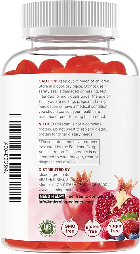 Micro Ingredients Multi Collagen Peptides, 120 Collagen Gummies | Type I,II,III,V,X Protein with Biotin, Hyaluronic Acid, & Vitamin C Complex | Pomegranate & Berry Flavored | Sugar Free, Non-GMO