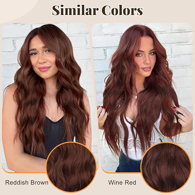 ALXNAN Clip in Long Wavy Synthetic Hair Extension 24 Inch Wine Red 4PCS Thick Hairpieces Fiber Double Weft Hair for Women