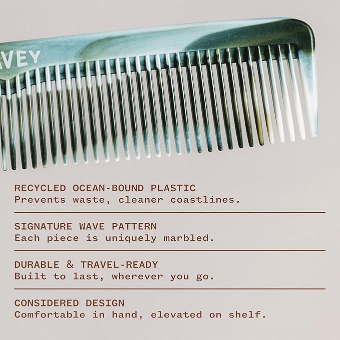 WAVEY Quality Hair Comb for Men and Women, Recycled Ocean Plastic, 7 Inches length perfect for home and travel, Wide and Fine Tooth for thick, thin, wavy, straight and curly hair styling - GREEN