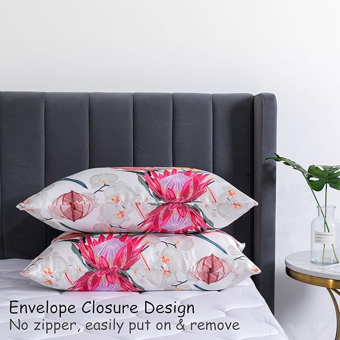 Satin Pillowcase for Hair and Skin, Soft and Cooling Similar to Silk Pillow Cases 2 Pack with Envelope Closure Standard Size Satin Pillow Covers, Gifts for Women(20"x26", Floral Bird)