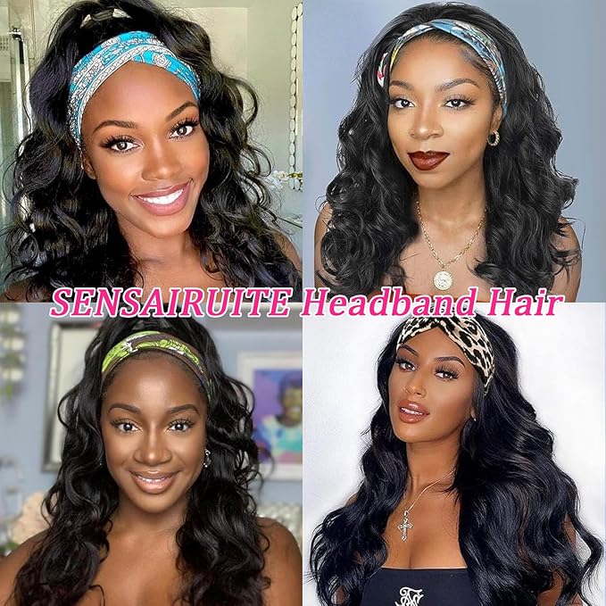 SENSAIRUITE Headband Wig Human Hair Body Wave 22 Inch None lace Front Wear and Go Glueless Headband Wig for Black Women Natural Black Color 180% Density
