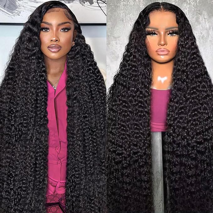 Deep Wave Lace Front Wigs Human Hair 13x6 HD Transparent Lace Wigs 200% Density Deep Curly Human Hair Wig Pre Plucked Lace Frontal Wigs Natural Color 36 Inch