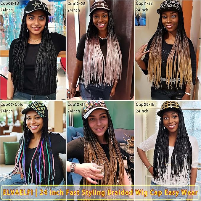 24" Box Braid Hair Extensions 100 Strands Gradient Brown, Rhinestone 'LOVE' Cap Wig for Women Girls Easy Style