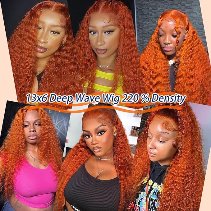 Deep Wave Lace Front Wigs Human Hair 13x6 Ginger Orange Wig Human Hair 210% Density 13x6 HD Transparent Lace Frontal Wet and Wavy Wig 22Inch