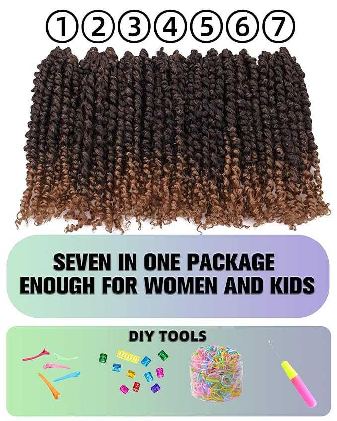 Pre-Twisted Passion Twist Crochet Hair for Black Women Passion Twist Hair Pre Looped Bohemian Braids 10 Inch 7 Packs Ombre Black to Blonde Short Bob Curly Braiding Hair Extensions(10"-7P,T1B/27)