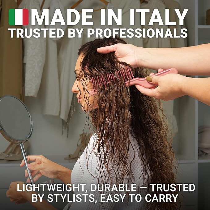 Janeke J-Brush Detangling Comb for Curly and Wavy Hair – Wide Tooth J-Shape Brush for Wet and Dry Use – Anti-Frizz, Lightweight and Gentle on Scalp – Made in Italy Professional Styling Tool (Pink)