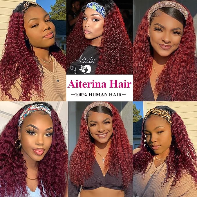 Aiterina Headband Wig deep wave human hair wigs for Black Women Brazilian Remy Hair Glueless Non Lace Front Wig 150% Density (26 inch, 1B/99J)