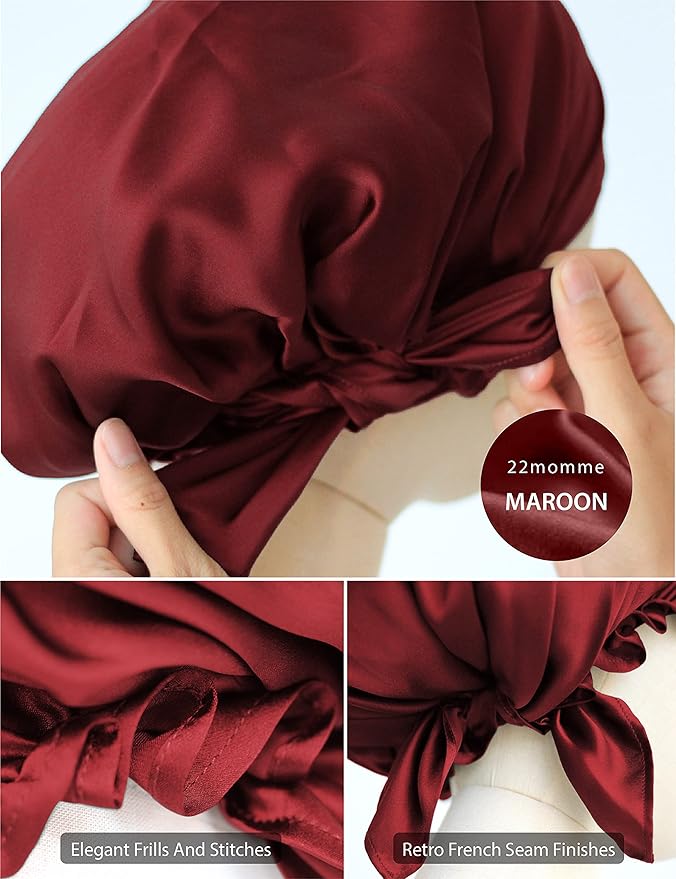 100% Silk Bonnet for Sleeping, Hair Bonnet with Tie Band, Large Silk Sleep Cap for Curly Hair, Silk Hair Wrap for Hair Care