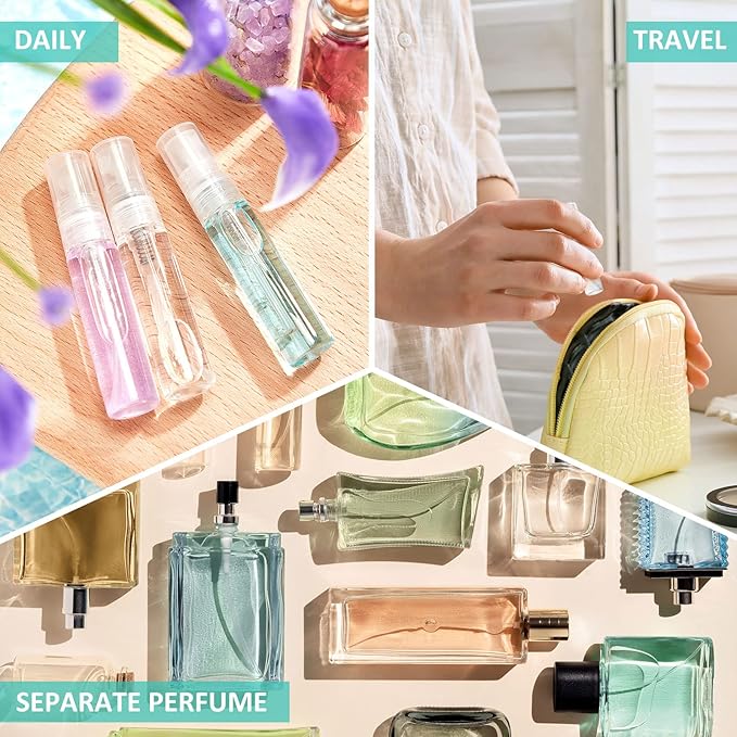 Zhehao 50 Pcs Mini Spray Bottles 5 ml Clear Glass Perfume Bottles Refillable Fine Mist Perfume Atomizer Portable Empty Sample Containers for Cleaning, Essential Oils, Travel (Clear Cap)