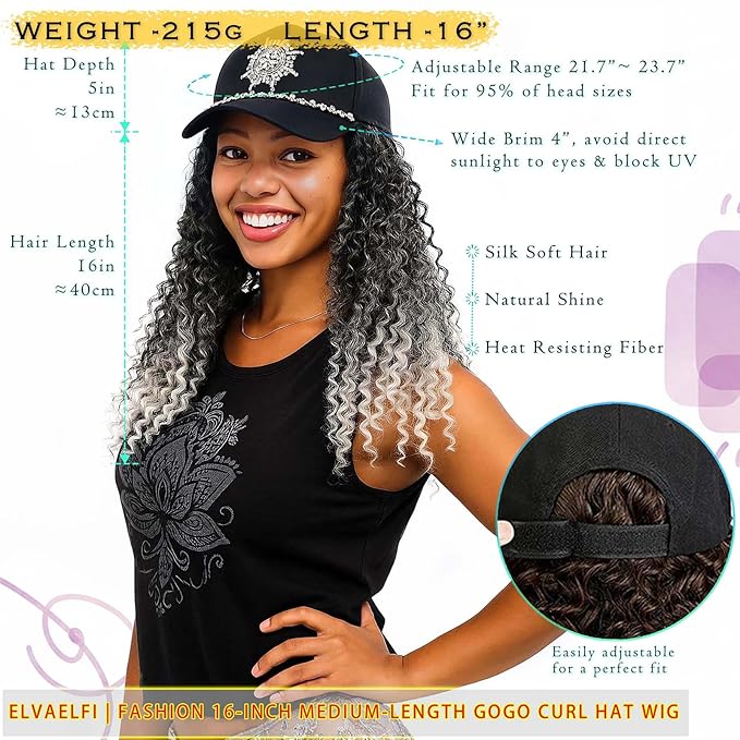 Hat with Gogo Curl Crochet Hair, 16-Inch Synthetic Long Grey Wig for Women, Ombre Gray Baseball Cap Wig