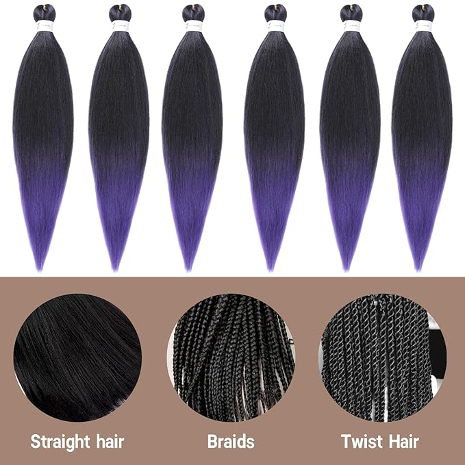 Pre-stretched Braiding Hair 20 Inch Pre Stretched Braiding Hair Professional Hair Extension,Ombre Black To Purple Hot Water Setting Perm Yaki Synthetic Hair For Twist Braids(20Inch,1B/Purple#)