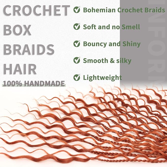 Reddish Brown Goddess Box Braids Crochet Hair 24 Inch 7 Packs Boho Crochet Braids Pre Looped Bohemian Gypsy Braids Crochet Hair for Women Braiding Hair Extensions