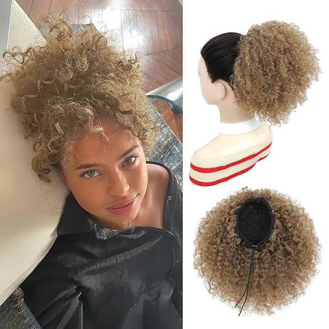 Drawstring Curly Ponytail Extensions for Black Women Protein Silk Fiber Human Hair Soft Feeling Afro Kinky Curly Hair Puff Pony tails Lightweight, Soft Natural Budget-Friendly for Daily Styles