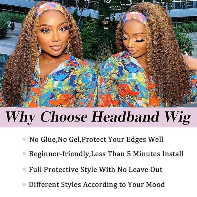 Headband Wig Human Hair 20 Inch Highlight Ombre Curly Headband Human Hair Wigs for Black Women #4/27 Glueless None Lace Front Brazilian Deep Wave Headband Wig