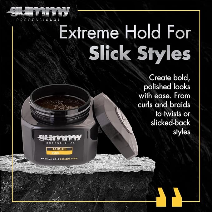 Gummy Professional Plus Hair Gel for Men and Women – Strong Hold Styling Gel for Slick Back Looks, Curls, Braids, Twists, and Edge Control – Clear Gel for Shine, Neat Styles, and Conditioning – 700 ml