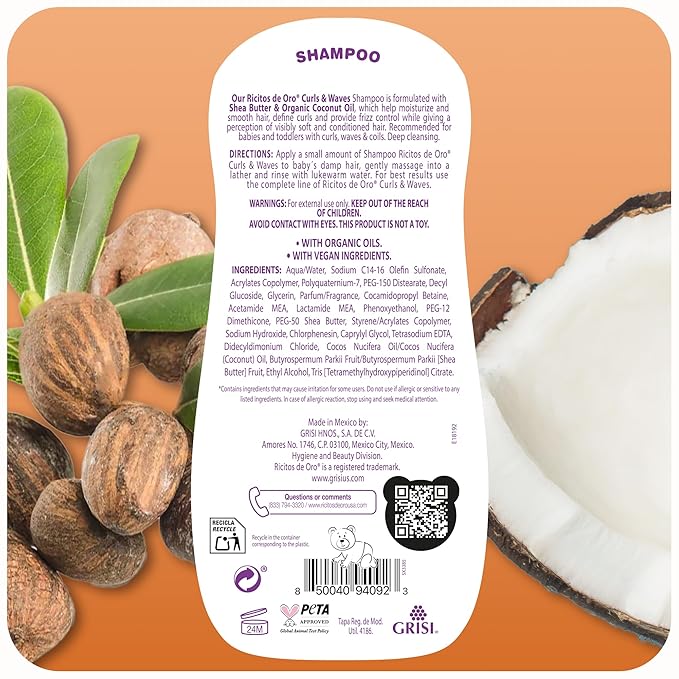 Ricitos de Oro Curls & Waves Shampoo: Defines & Highlights Natural Curls, Moisturizes & Smoothes, Frizz Control, Deep Cleanses Scalp, Baby Shampoo, Ideal for Kids & Toddlers, 16.9 oz, 2-Pack