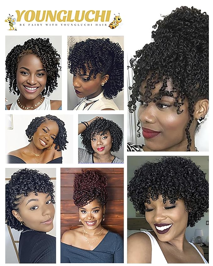 4 Inch 7 Packs Super Short Passion Twist Crochet Hair for Black Women and Kids-Natural Black Pre Looped Pretwisted Soft Hair Extensions,Braided by Synthetic Spring Kinky Twist Bohemian Curl(4"-7P,1B#)