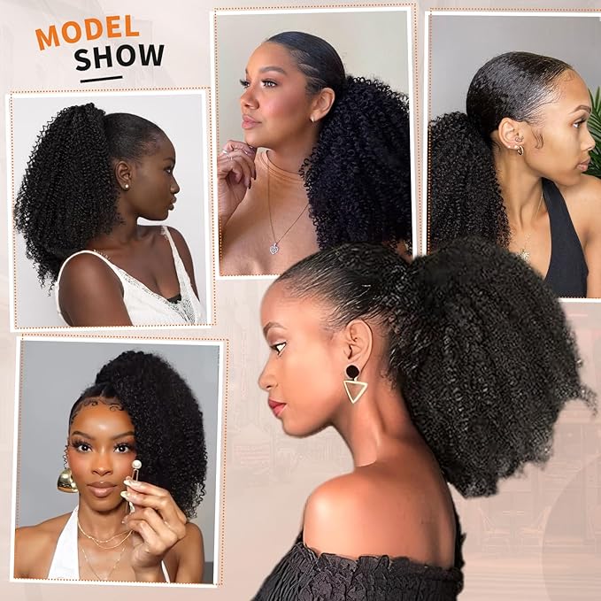 Afro Kinky Curly Ponytail Human Hair 150% Density Brazilian Virgin Hair 4C Afro Puff Drawstring Ponytail Extension for Black Women Dark Brown Color (20 Inch 4#)