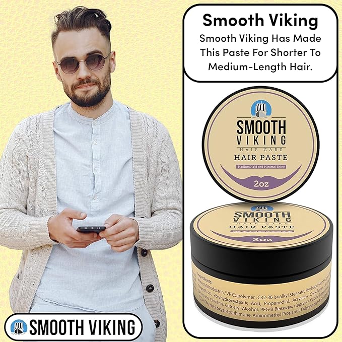 Smooth Viking Hair Paste for Men - Hair Styling Cream with Minimal Shine & Medium Hold Hair Products for Men, Hair Cream for Men, Styling Paste for Textured Messy Hairstyle - Made in USA, 2oz