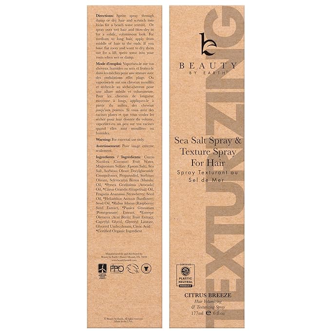 Beauty by Earth Sea Salt Spray for Men & Women - Texture Hair Spray for Adding Volume & Beachy Waves, USA Made with Organic Ingredients