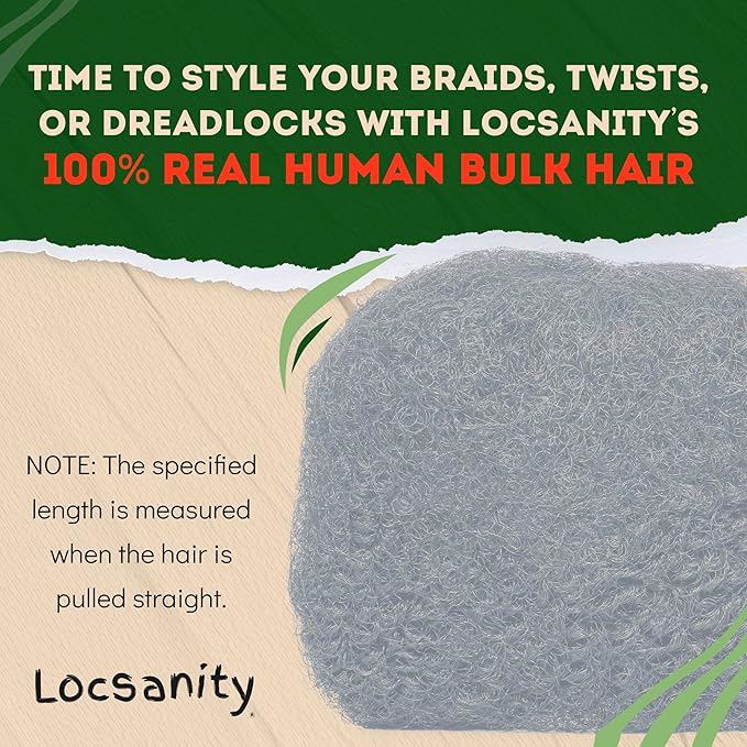 Locsanity Afro Kinky 100% Bulk Natural Human Hair - Braiding Hair for Dreadlocks, Loc Repair, Dreadlock Extensions, Twists, Braids - 8 Inches Long, 1 Oz 100% Grey