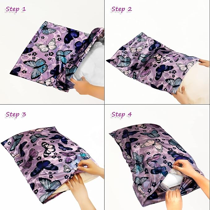 Purple Satin Pillowcase for Hair and Skin, King Satin Pillowcase Set of 2, Silky Satin Pillow Cases for Women 2 Pack with Envelope Closure (20’’x36’’, Butterflies & Flower)