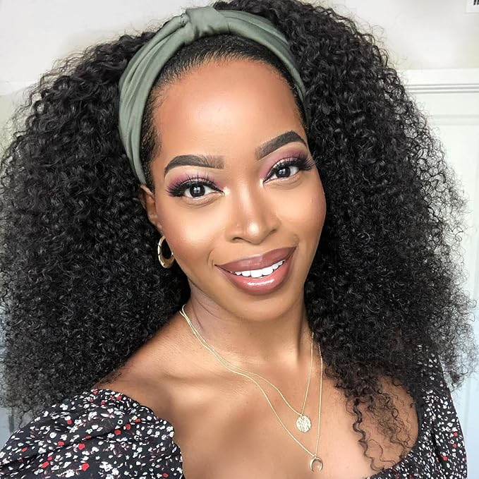 XSY Headband Wig Human Hair Kinky Curly 20 Inch Headband Wigs for Black Women Deep Curly Human Hair Wigs None Lace Front Wig 150% Density Natural Black Color
