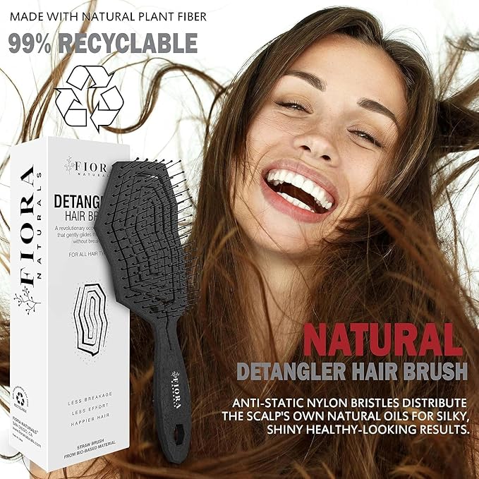 Fiora Naturals Hair Detangling Brush for Women - Detangler Hair Brush w/Flexible Soft Bristles- Gently Glides Through Tangles - Curly, Fine, Dry and Shower Wet HairBrush, cepillo para cabello - Black