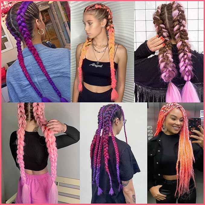 Rose/Dark Purple Braiding Hair Pre Stretched 2 Packs Box Braids Hair Extensions 26 Inches Synthetic Pre Stretched Braiding Hair…