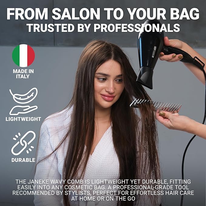 Janeke Wave Comb โ Wide Tooth Detangling Comb for Wet & Curly Hair โ Heat-Resistant, Anti-Static, Gentle on Scalp โ Made in Italy Professional Hair Tool (Silver)